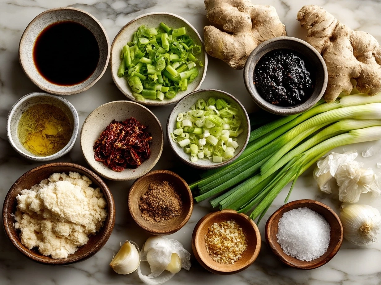 Top down view of raw ingredients for Ginger Scallion Chicken Noodle Soup including chicken, scallions, ginger, garlic, broth, and noodles