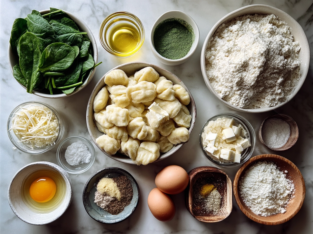 Top down raw ingredients for gnocchi with spinach and feta on marble