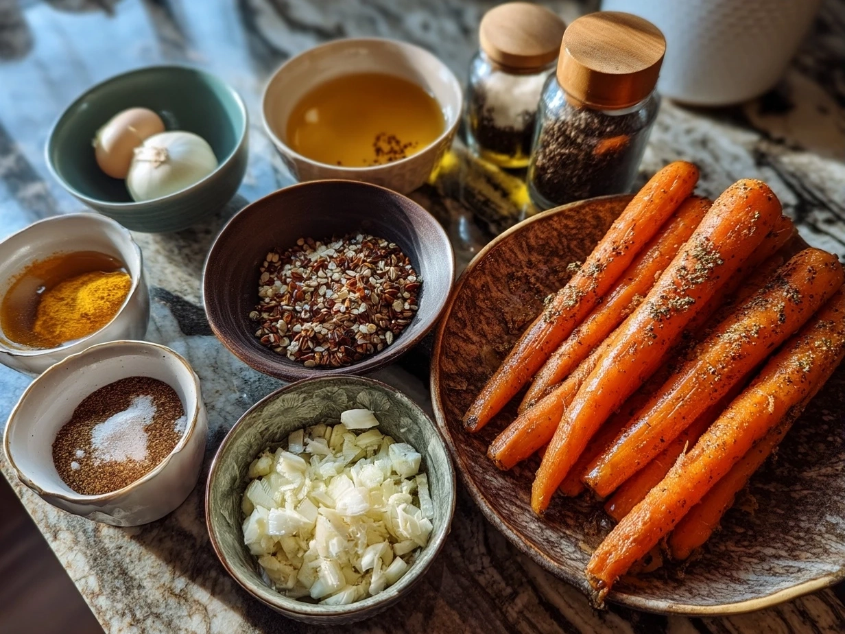 Raw ingredients for Honey Garlic Butter Roasted Carrots laid out on a marble surface