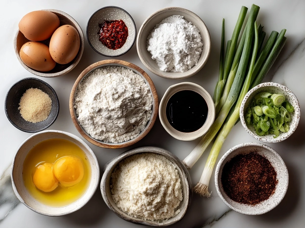 Top down raw ingredients for honey pepper chicken mac cheese on marble