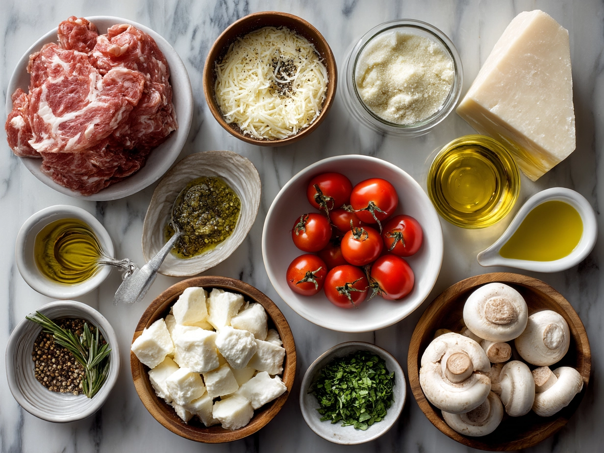 Top down view of raw ingredients for Italian Chopped Grinder Sandwich including meats, cheese, lettuce, tomatoes, peppers, onions, and Italian sandwich dressing