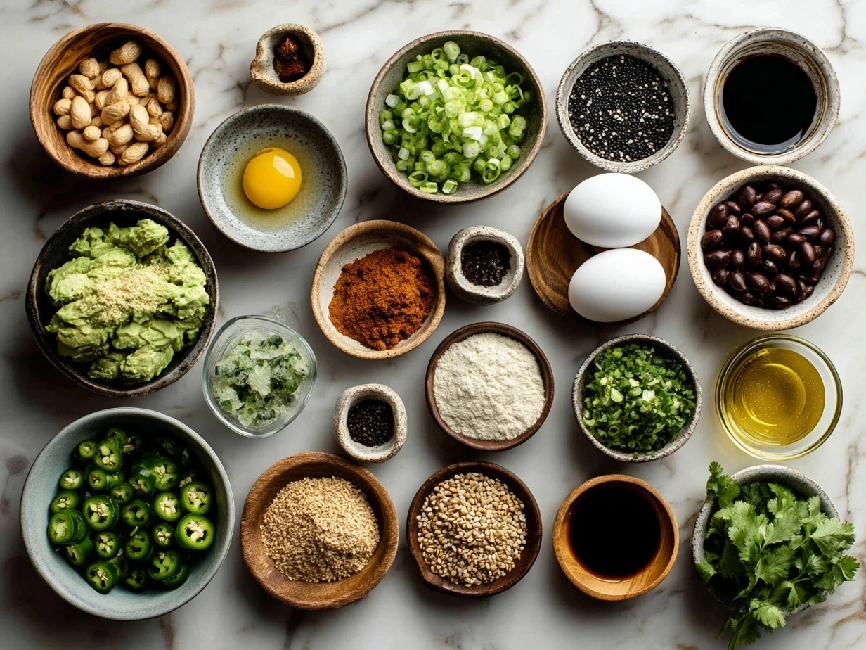 Top-down view of raw ingredients for Jalapeno Poppers Nourish Bowl organized on marble surface