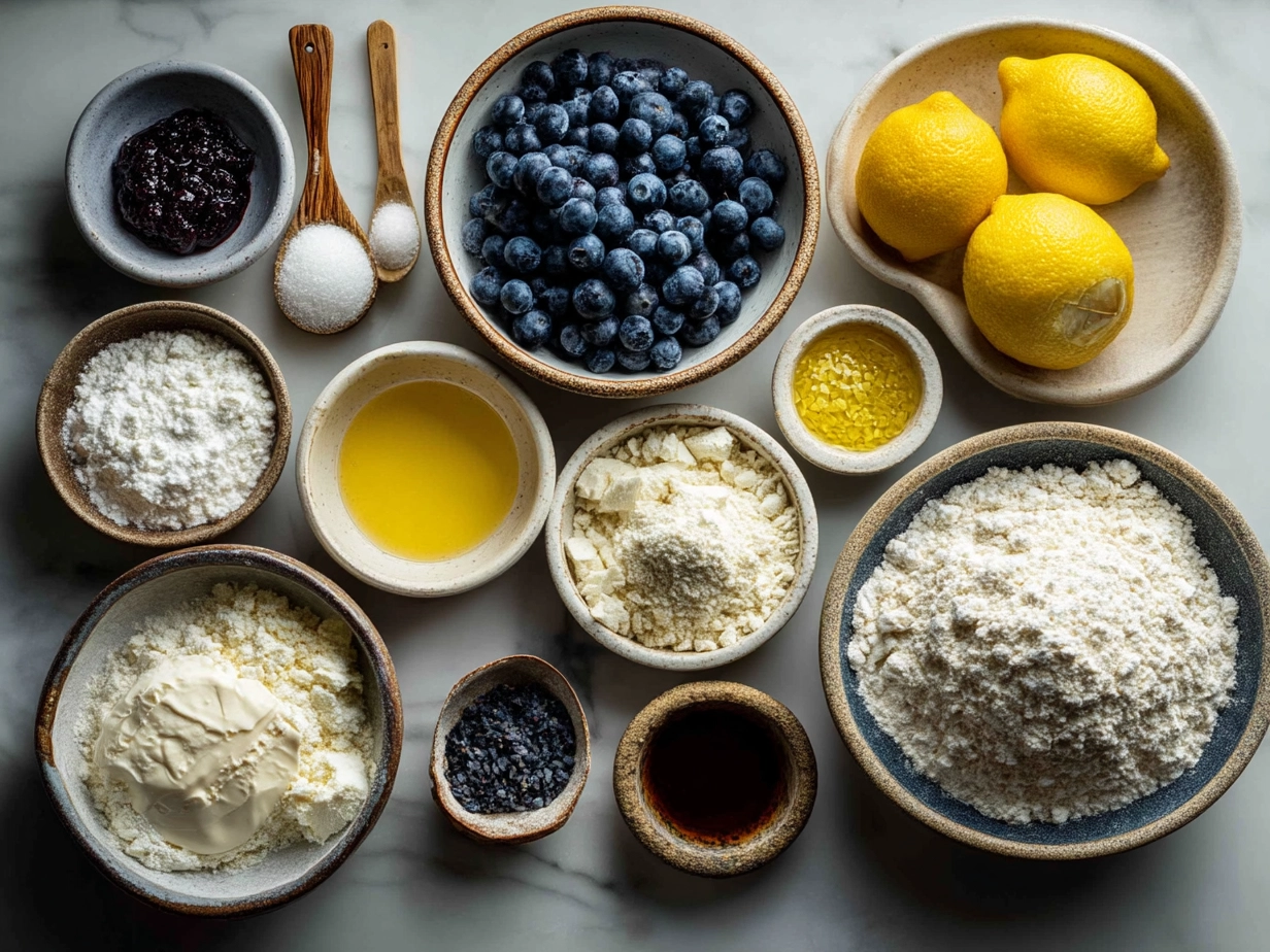 Top-down view of raw ingredients for Lemon Blueberry Sourdough Bread including blueberries, lemon, flours, and starter