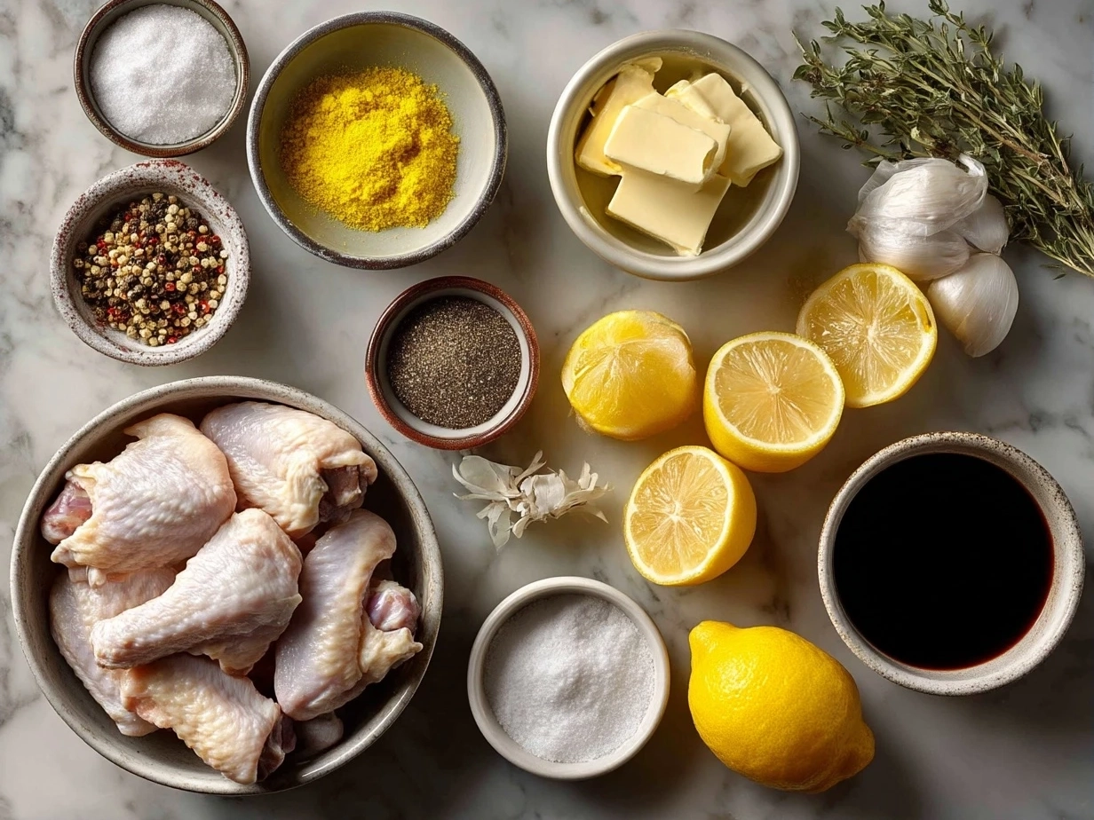 Raw ingredients for lemon pepper wings laid out on a surface