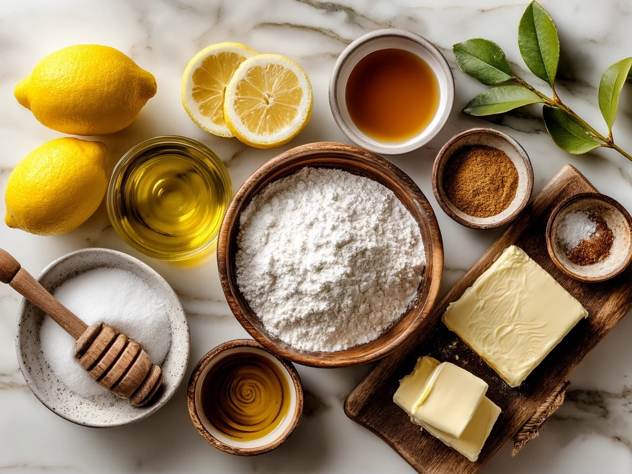 Top down view of raw ingredients for Limoncello Cookies on marble surface