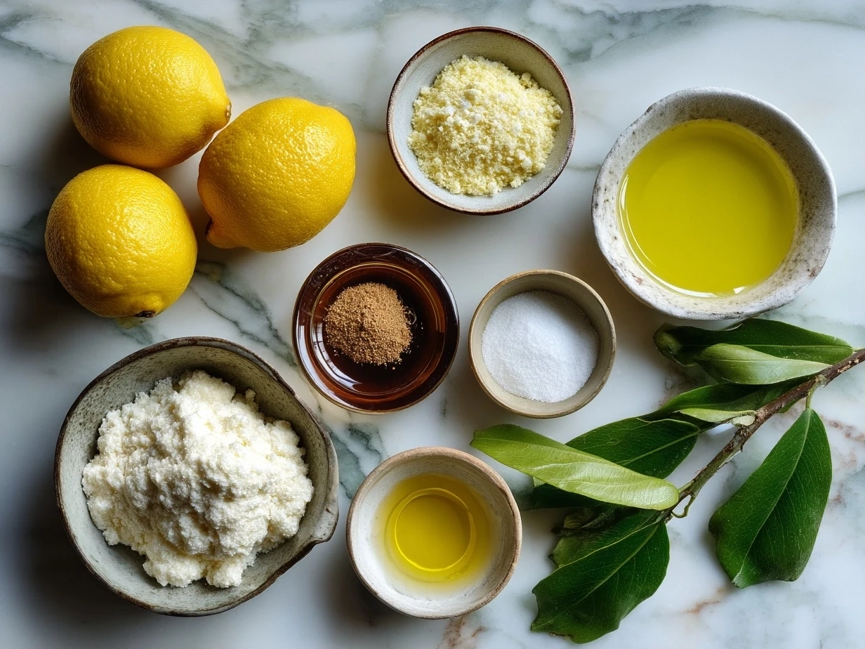 Top-down view of raw ingredients for Limoncello on marble surface