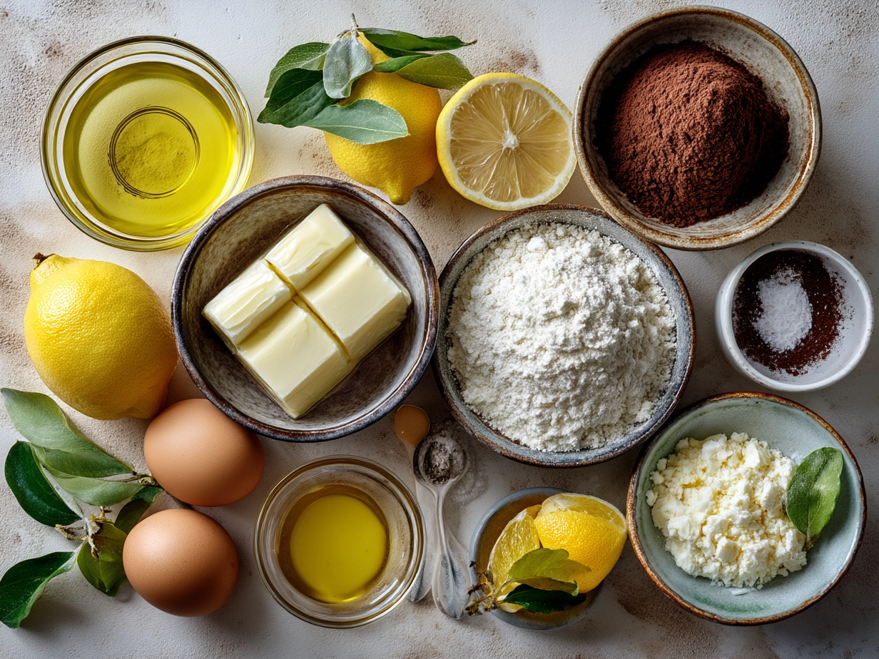 Ingredients for Limoncello Tiramisu including limoncello, mascarpone, lemons, ladyfingers, coffee, and whipping cream
