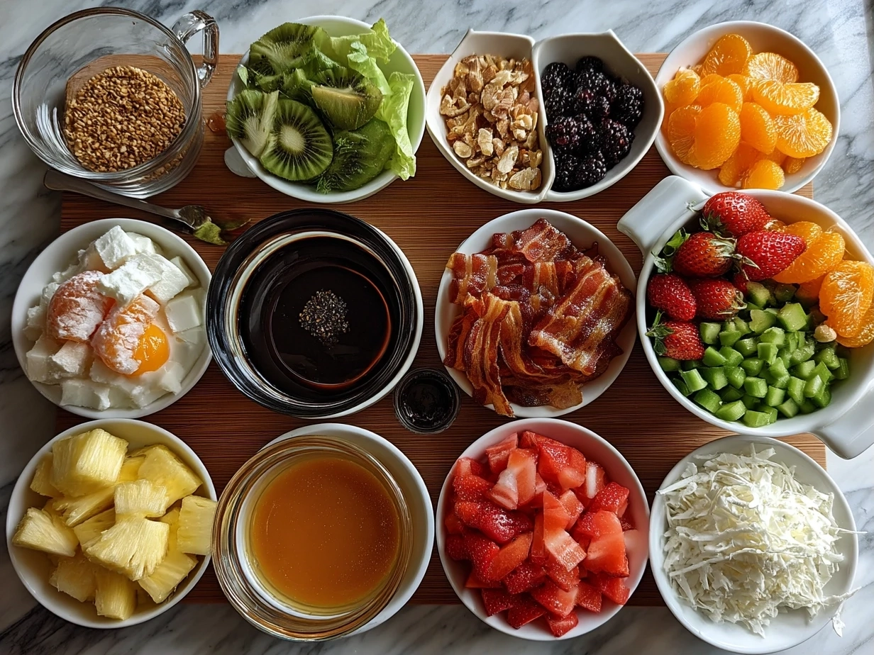 Top down view of raw ingredients for Orange Dreamsicle Salad on marble surface
