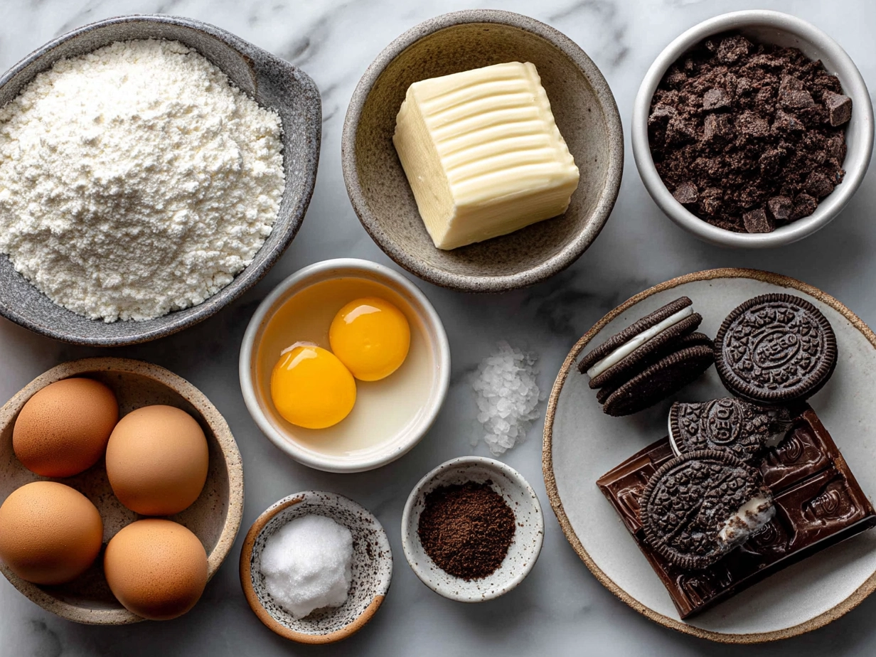 Top-down view of raw ingredients for OREO Basketball cookies laid out on marble kitchen counter.