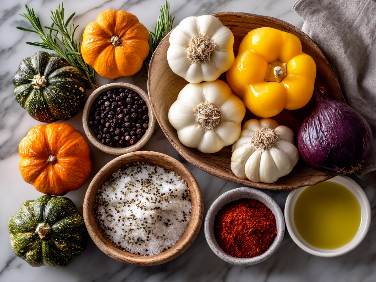 Raw ingredients for Slow Cooker Roasted Fall Vegetables laid out from top down