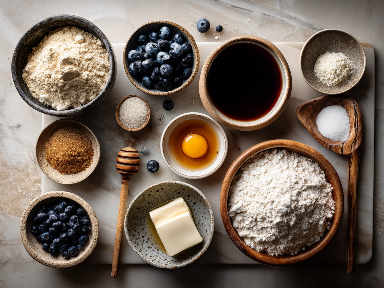 Top-down view of raw ingredients for sourdough blueberry bagels including flour, blueberries, and sourdough starter