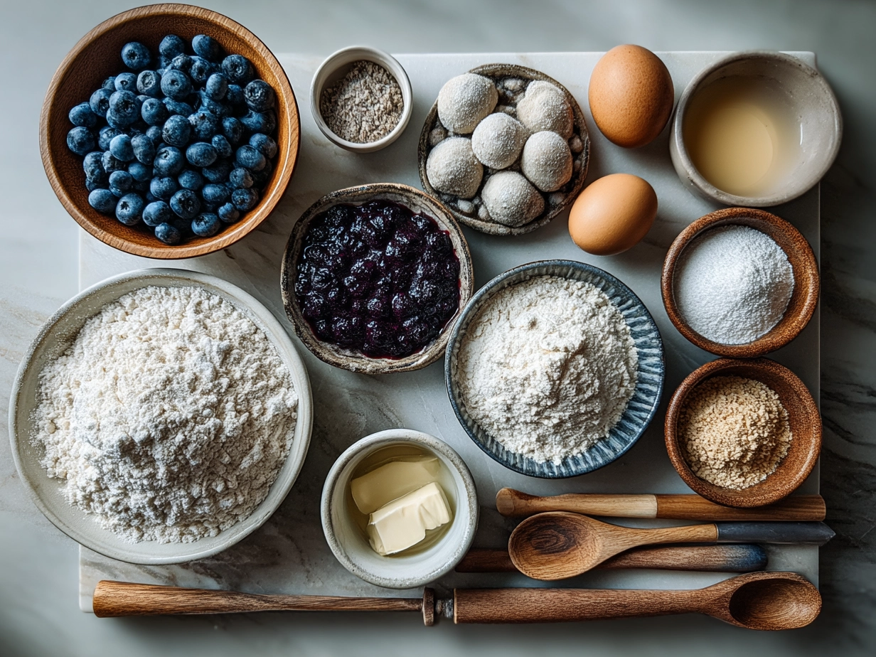 Raw ingredients for sourdough blueberry brioche tarts on marble surface