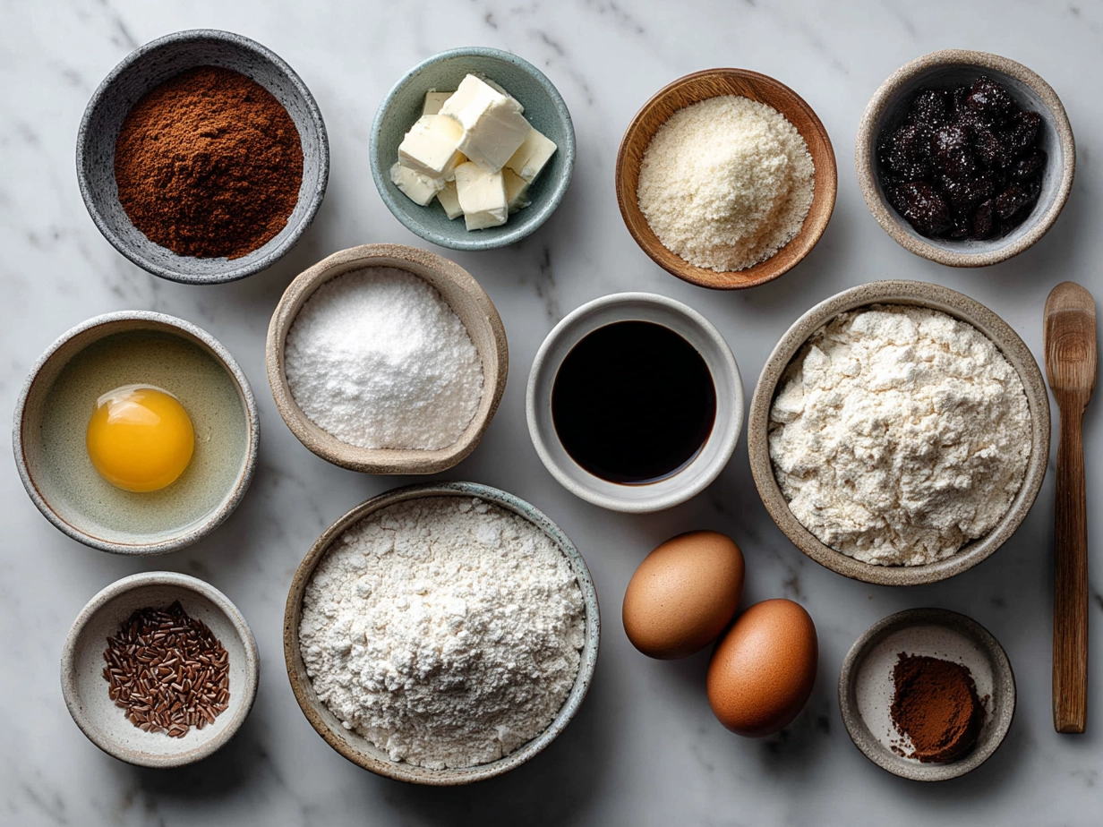 Top-down view of raw ingredients for sourdough coffee cake muffins including flour, eggs, milk, and spices
