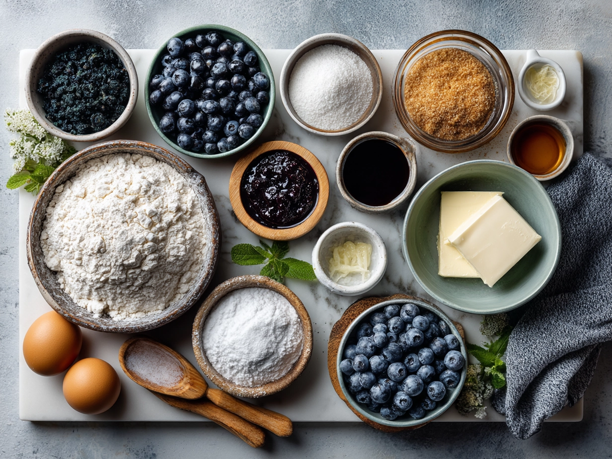 Top down raw ingredients for sourdough discard blueberry bread on marble surface