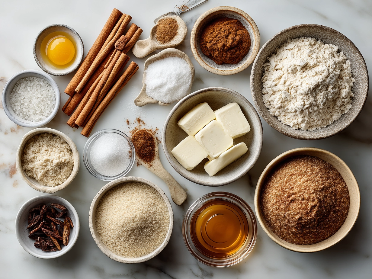 Top-down view of raw ingredients for sourdough discard cinnamon sugar twists arranged on marble surface