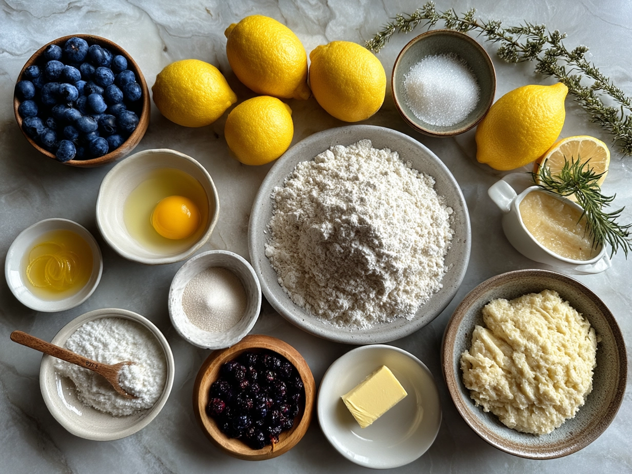 Top down raw ingredients for sourdough discard lemon blueberry rolls on marble