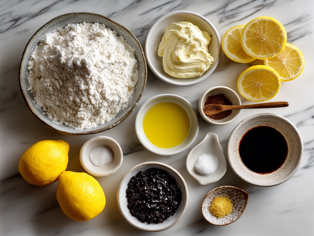 Top down shot of raw ingredients for sourdough discard lemon loaf including lemons, flour, eggs, and yogurt