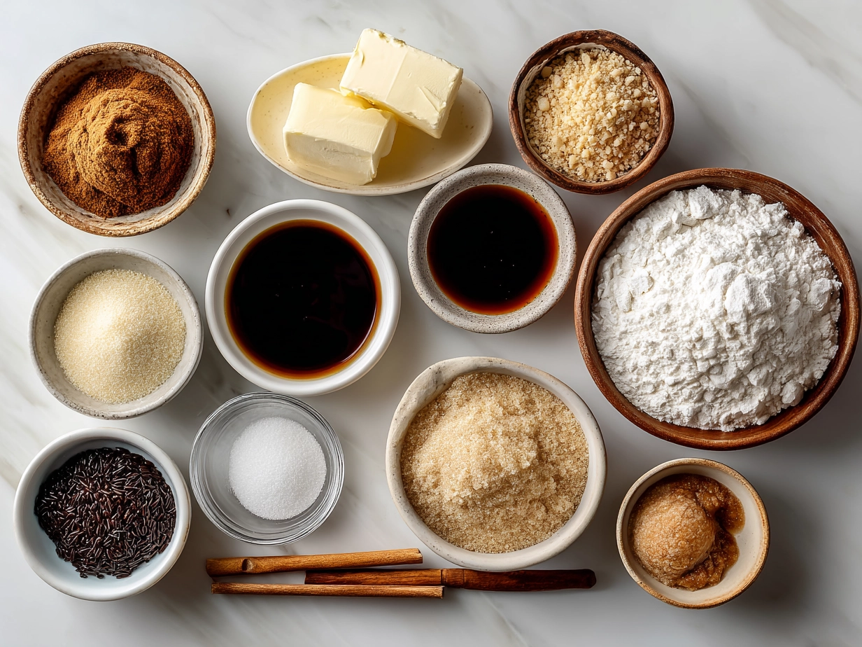 Top-down view of raw ingredients for sourdough discard sugar donuts laid out on a marble surface
