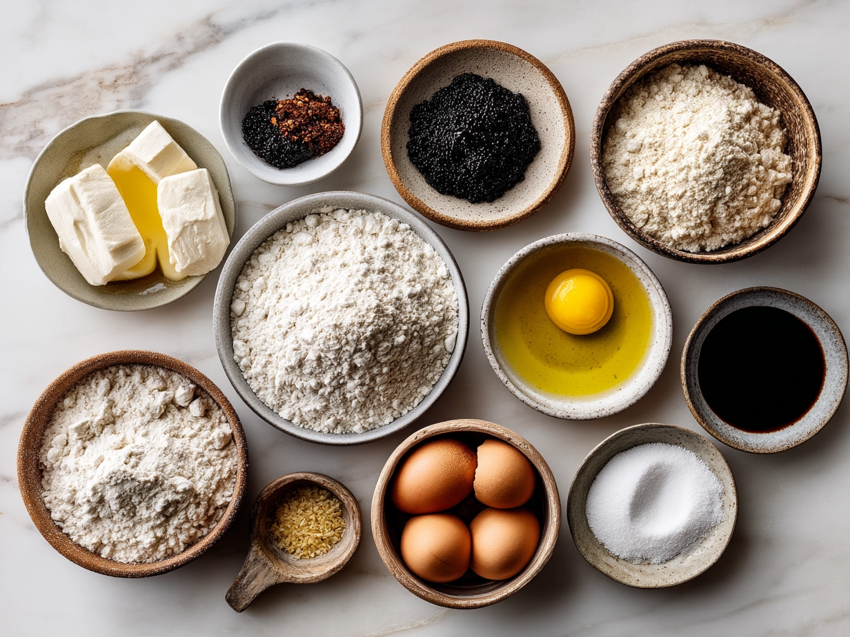 Top down view of raw ingredients for sourdough popovers on a marble surface