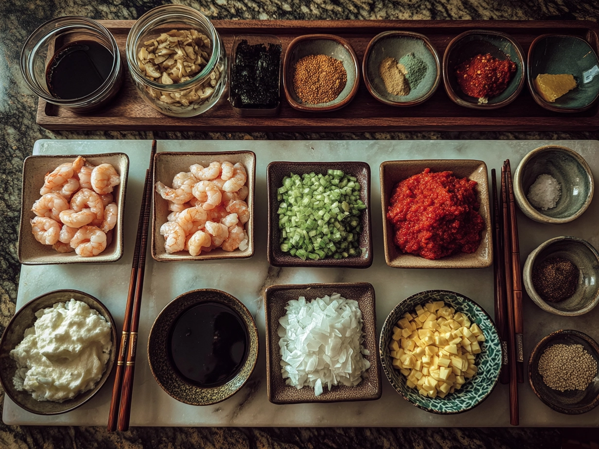 Top-down view of raw ingredients for Spicy Shrimp Sushi Stacks on white marble surface