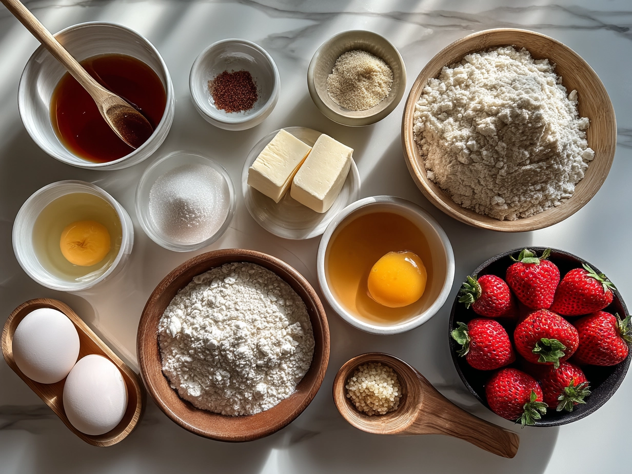 Top-down view of raw ingredients for Strawberry Banana Muffins arranged on white marble surface