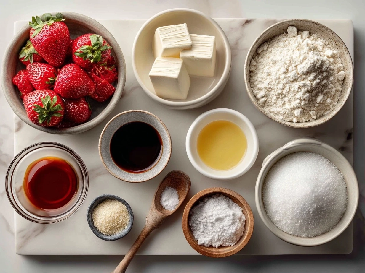 Top down view of raw ingredients for Strawberry Cheesecake Crunch Bites on marble surface