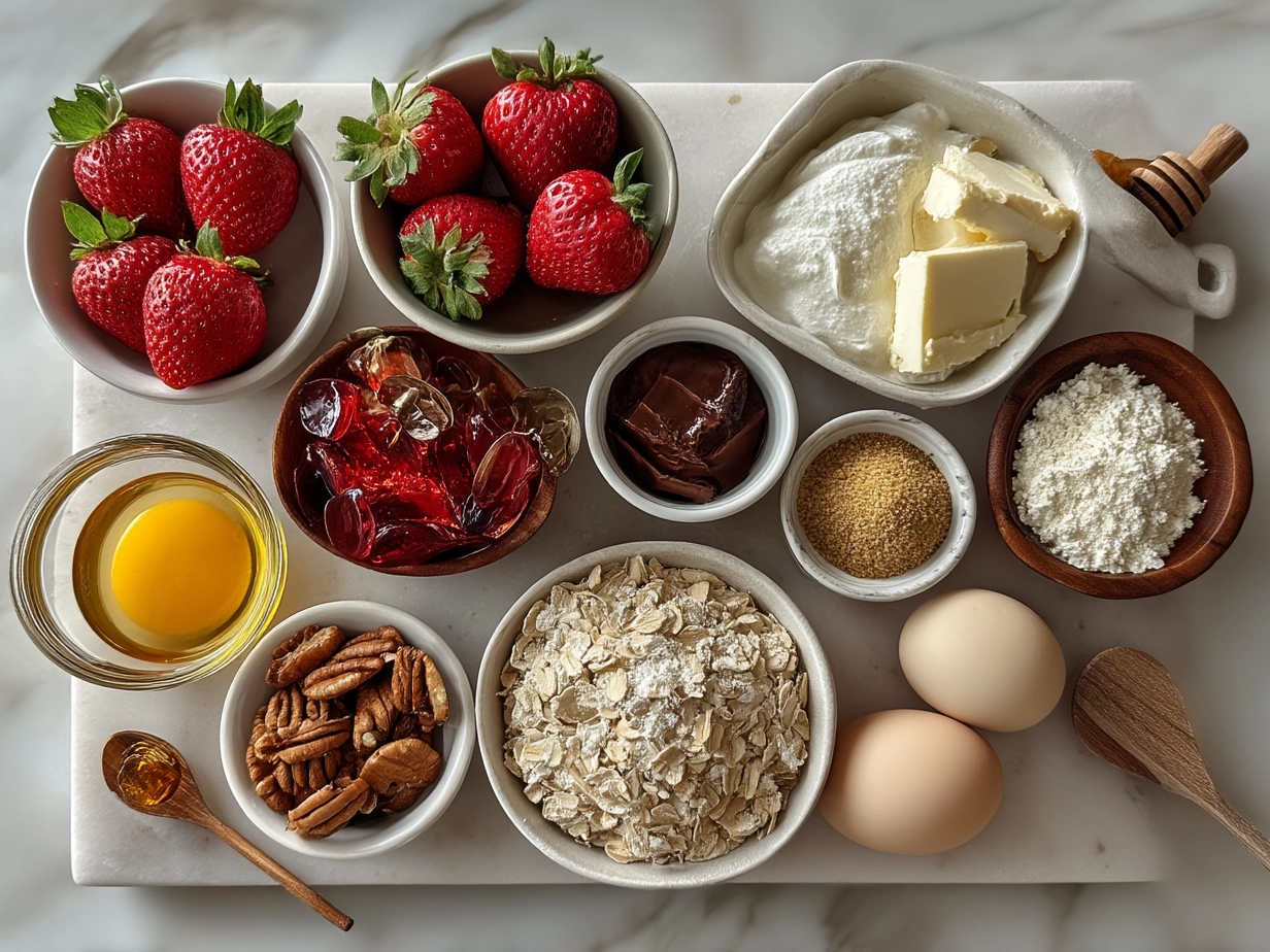 Top down raw ingredients for strawberry cheesecake overnight oats on marble