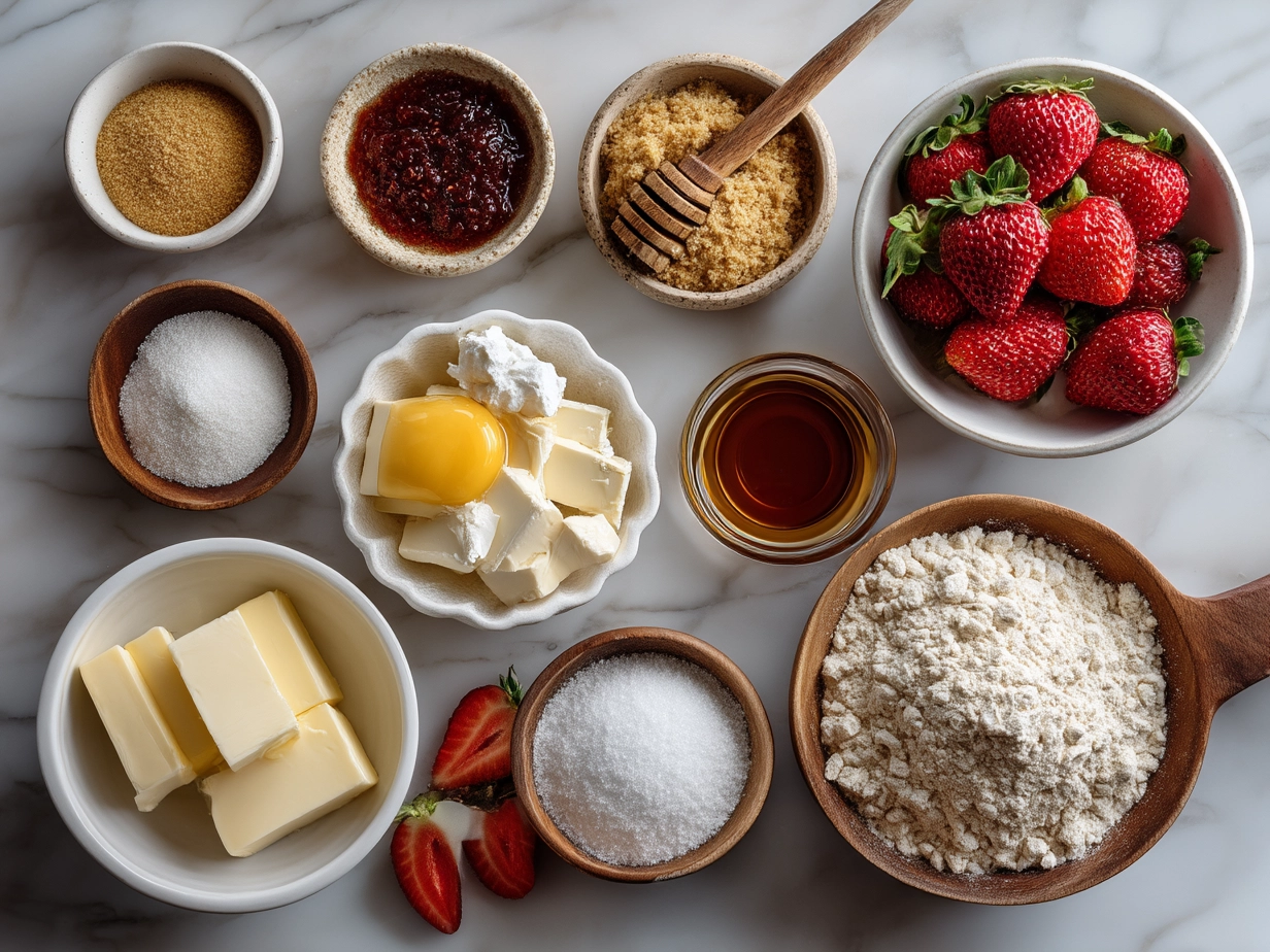 Top down view of raw ingredients for strawberry cheesecake sandwich on marble surface