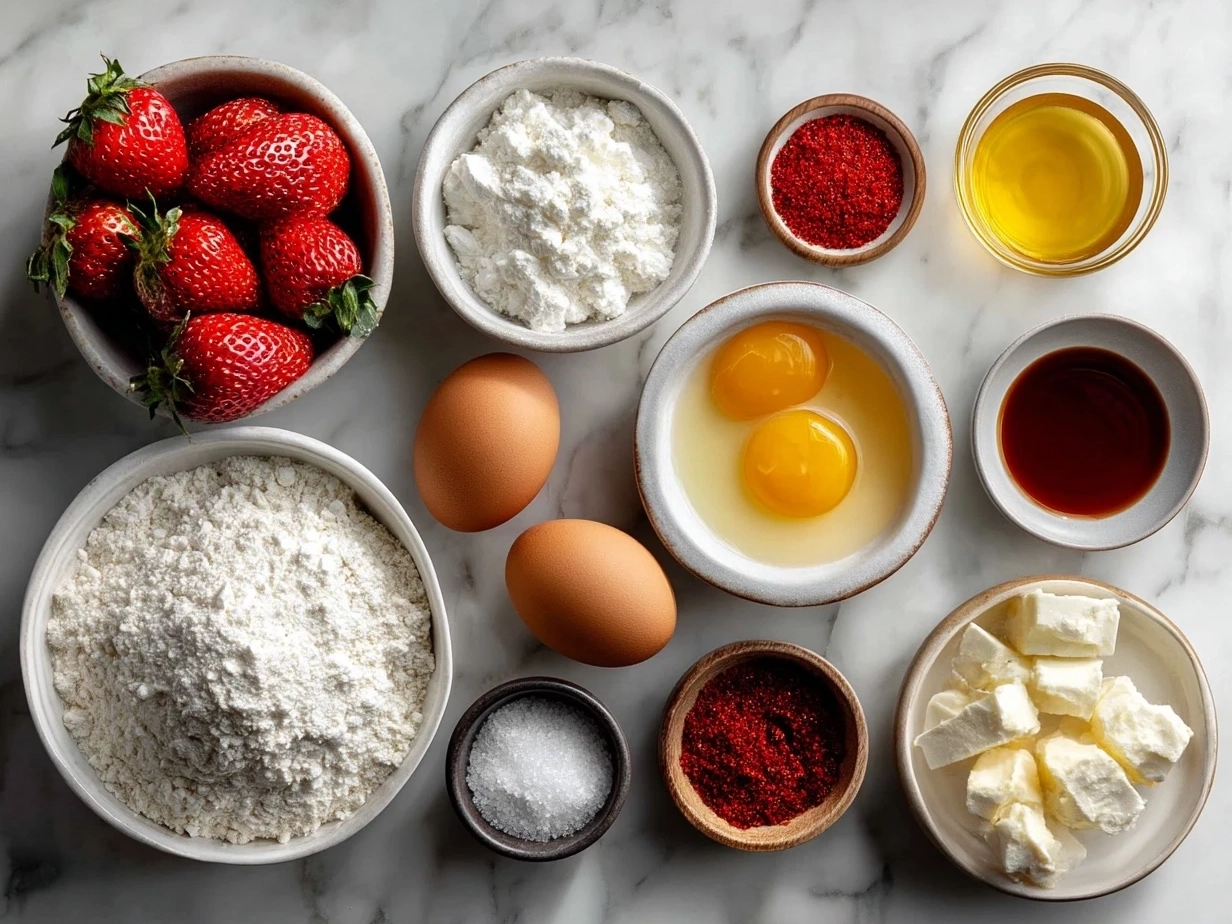 Raw ingredients for Strawberry Greek Yogurt Muffins laid out on a table
