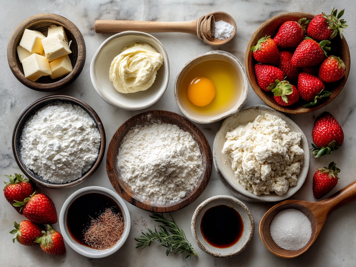 Top down view of raw ingredients for strawberry ricotta muffins on marble countertop, modern kitchen mise en place