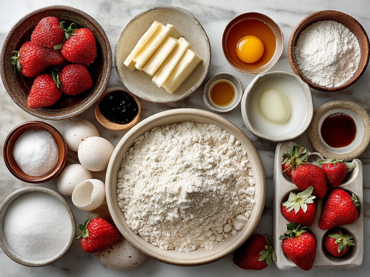 Top down view of raw ingredients for strawberry shortcake muffins including flour, sugar, butter, strawberries, and spices