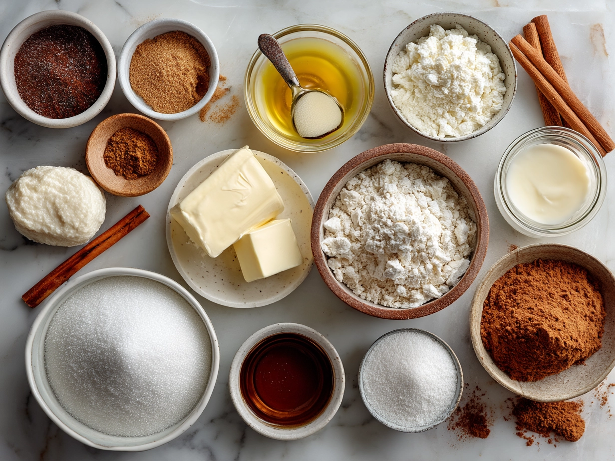 Top down view of raw ingredients for Tres Leches Cinnamon Rolls including flour, cinnamon, milk, eggs, and sugar