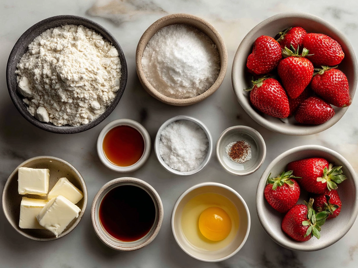 Top down view of raw ingredients for Valentine Strawberry Cookies including flour, sugar, butter, eggs, lemon zest and strawberry jam
