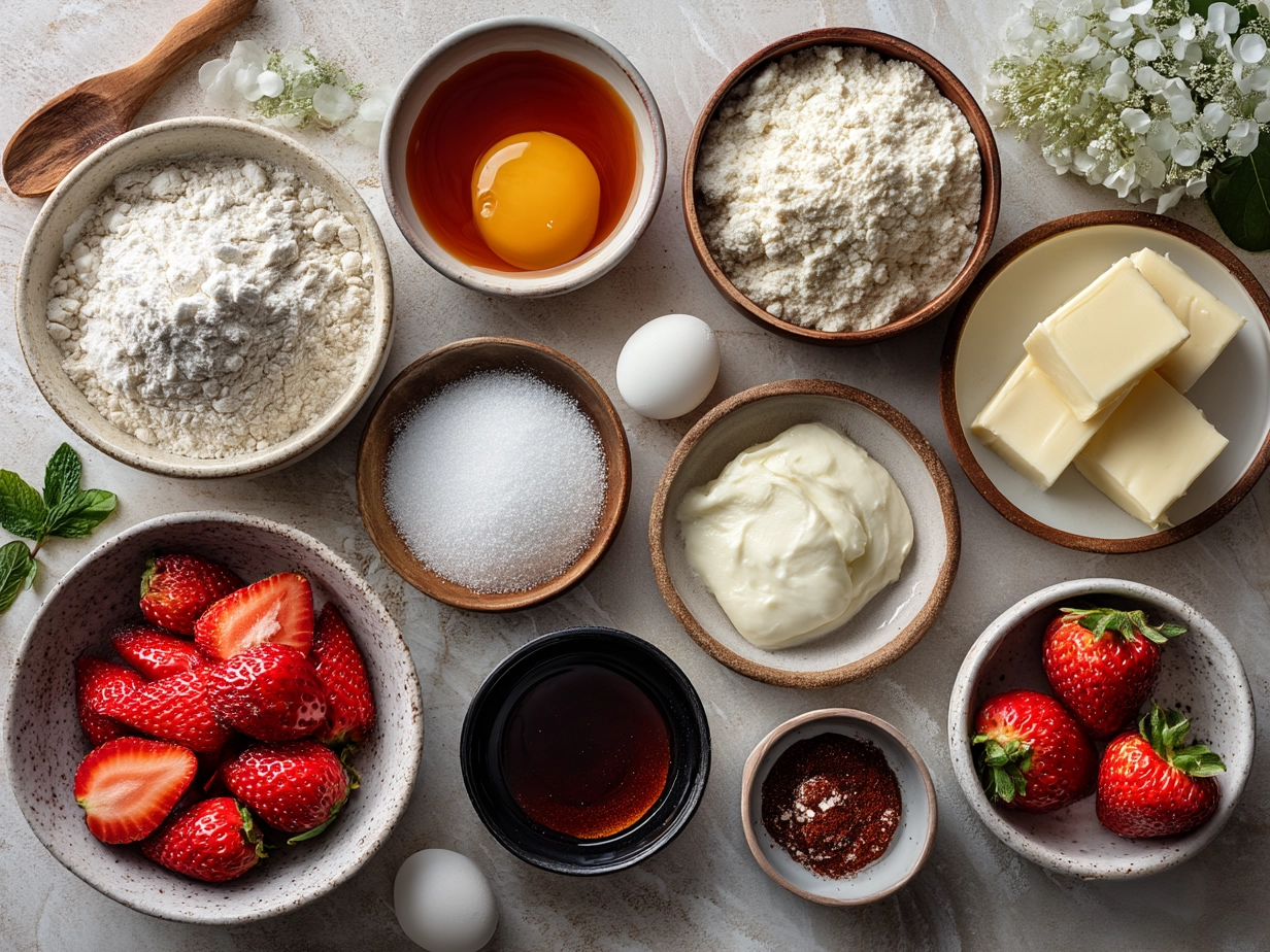 Top-down view of raw ingredients for strawberry pop tart cookies on white marble, organized mise en place in a modern kitchen