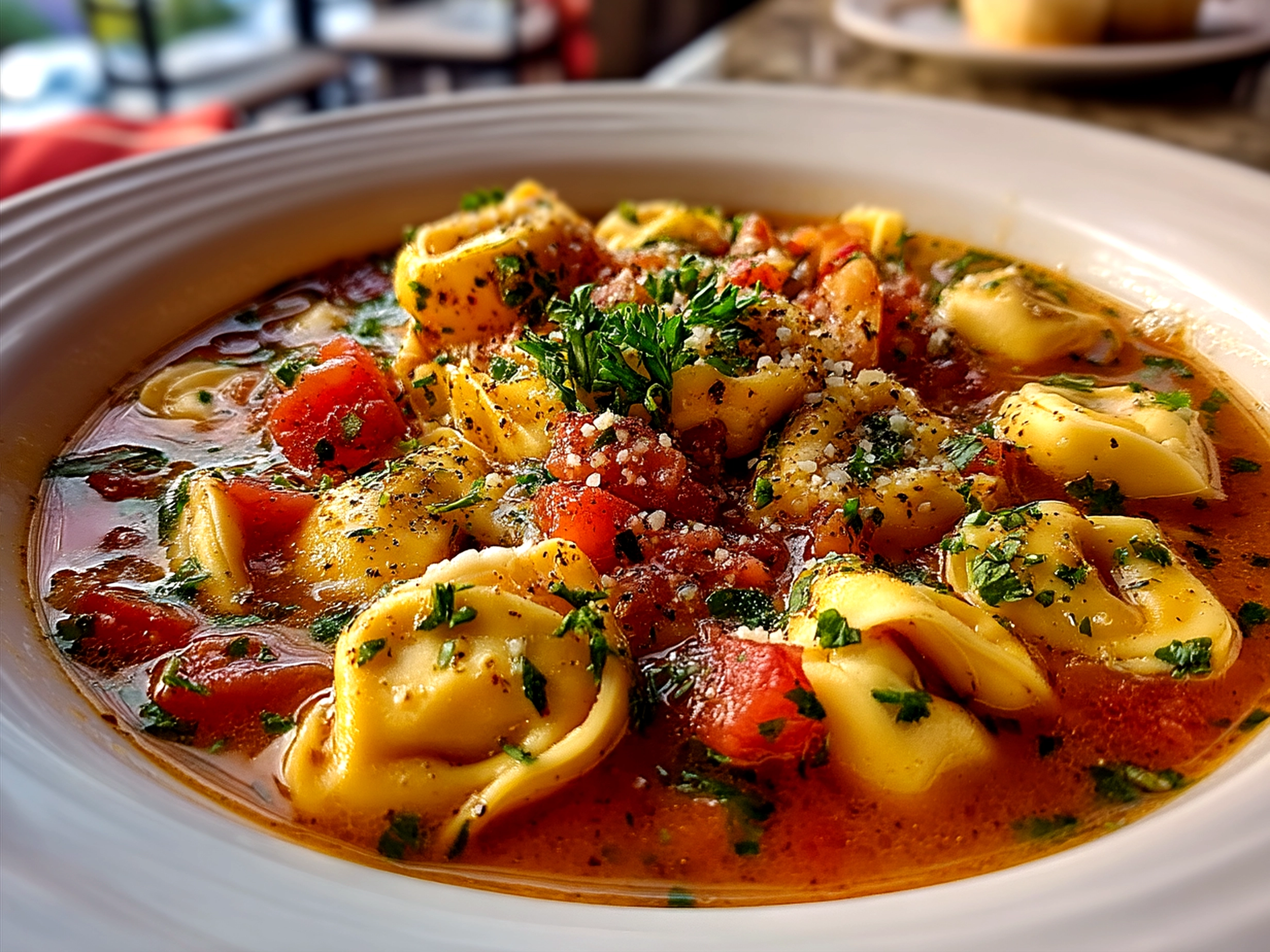 Serving a bowl of creamy Tortellini Soup with Parmesan garnish