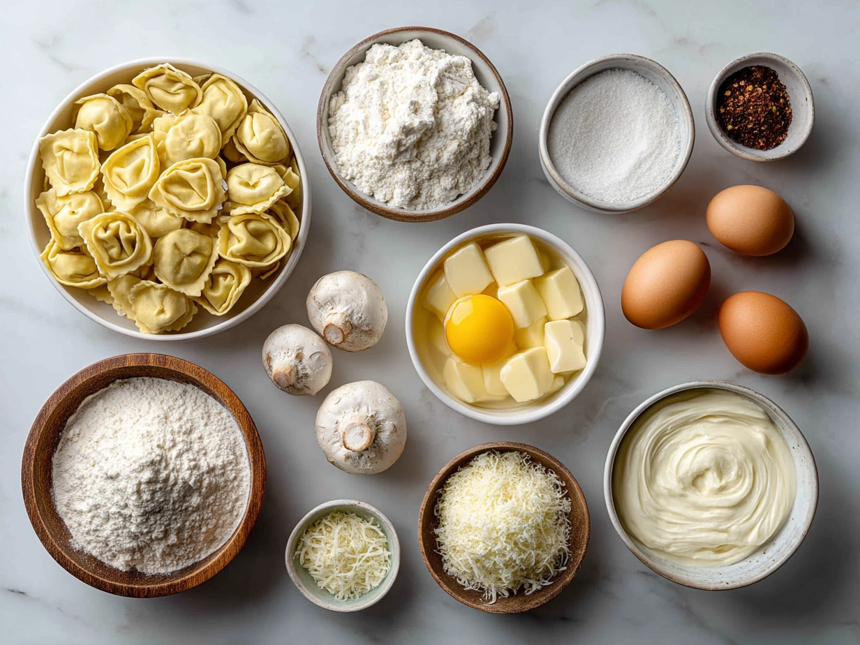 Ingredients for making Tortellini Soup including tortellini, olive oil, onions, garlic, broth, cream, tomatoes, spinach, and seasonings