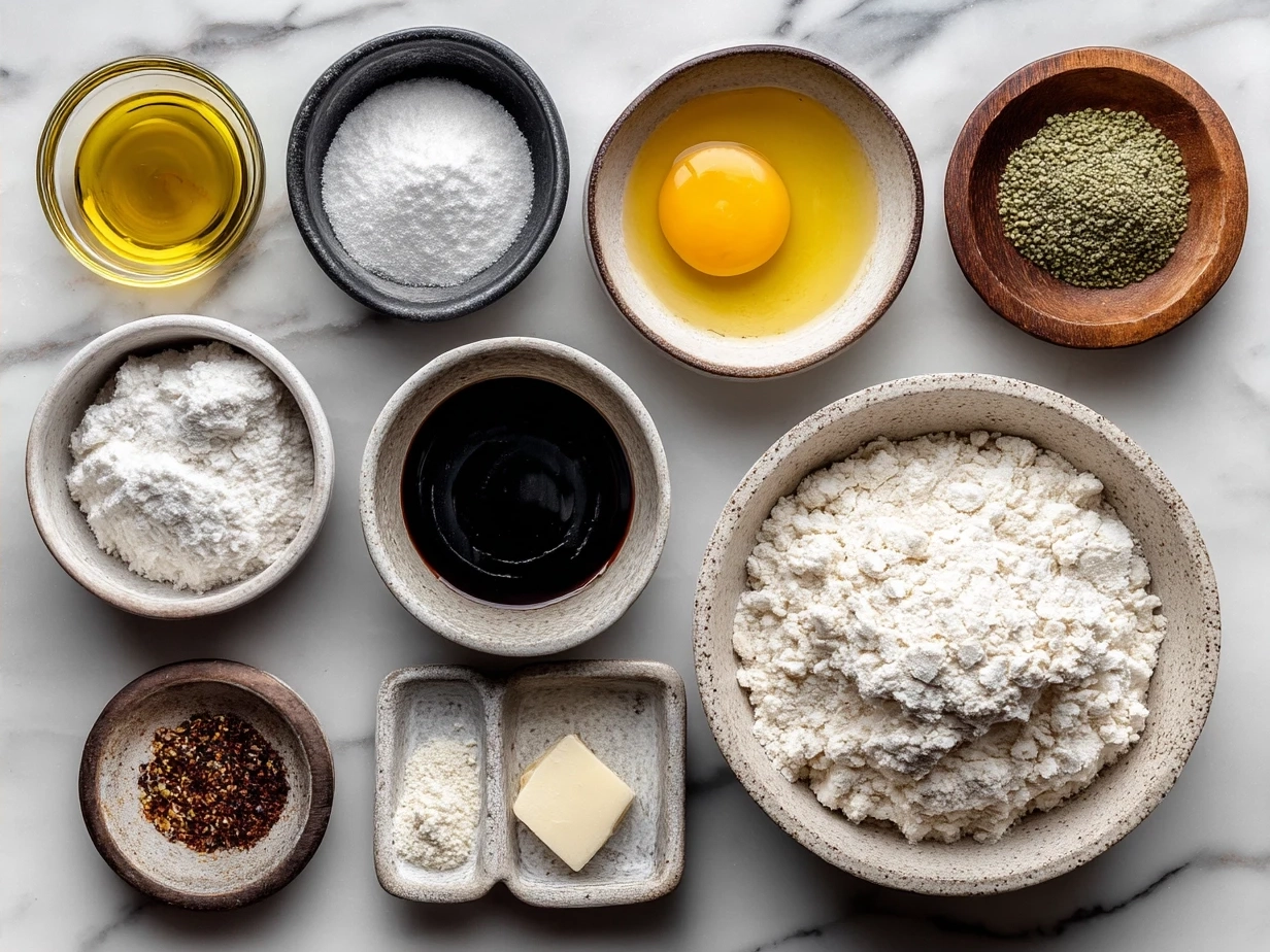 Ingredients for Traditional King Cake including flour, milk, sugar, yeast, eggs, butter, cinnamon, brown sugar, and colorful sugar sprinkles