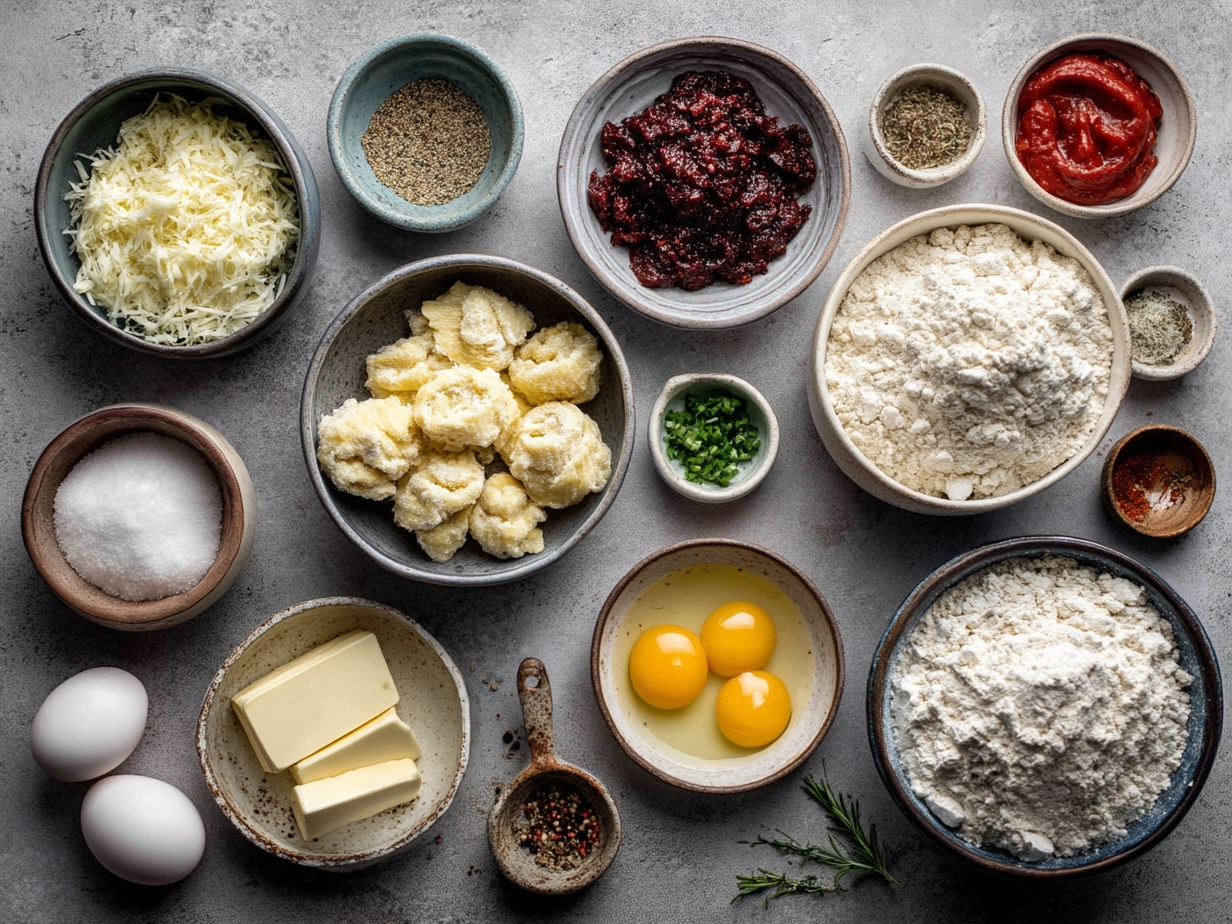 Ingredients for Turkish Manti laid out neatly including flour, egg, ground meat, and spices