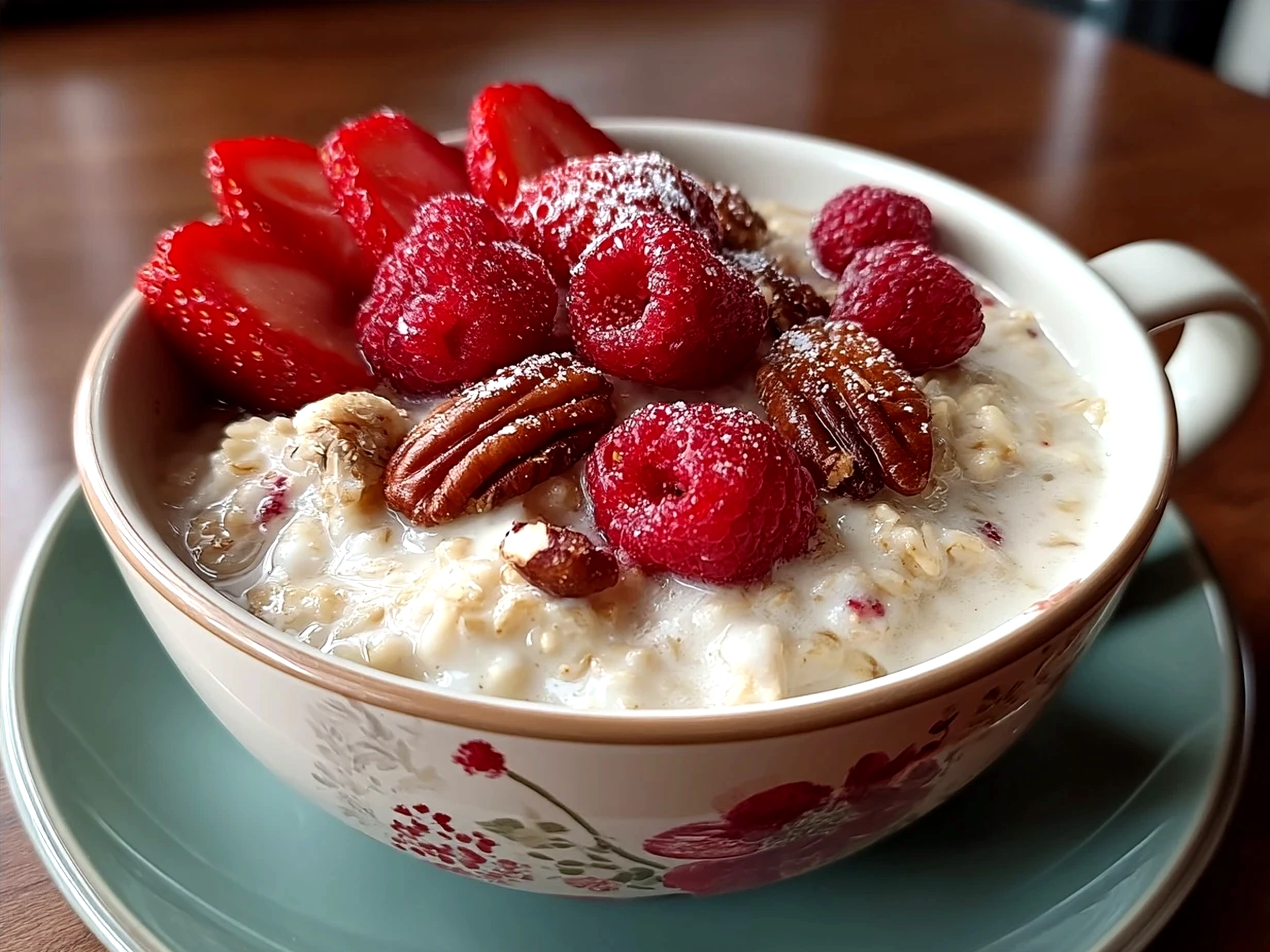 A beautiful serving of Valentine Cookies Oatmeal Bowl topped with fresh berries and nuts