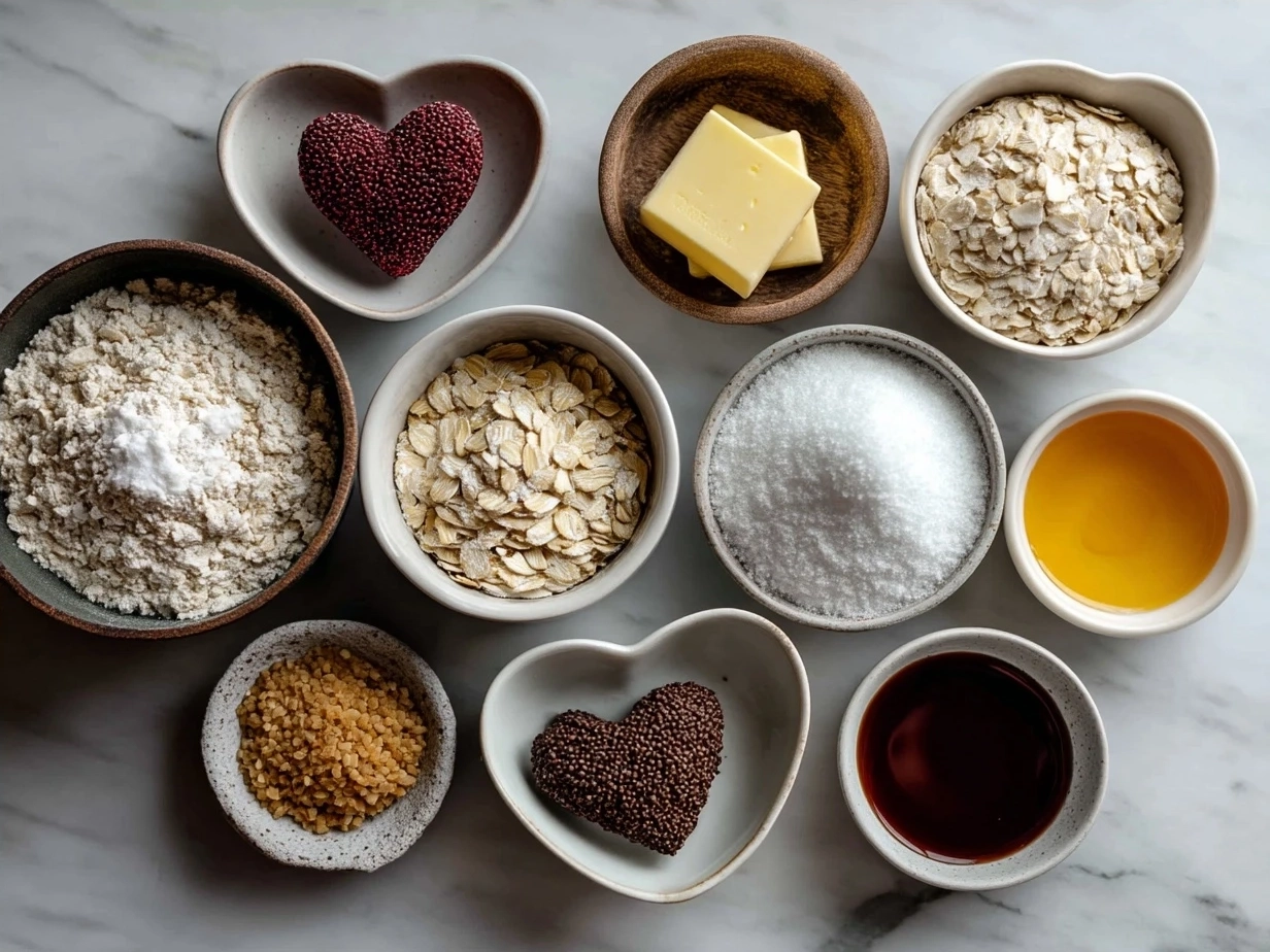 Ingredients needed for Valentine Cookies Oatmeal Bowl including oats, milk, cookies, and toppings