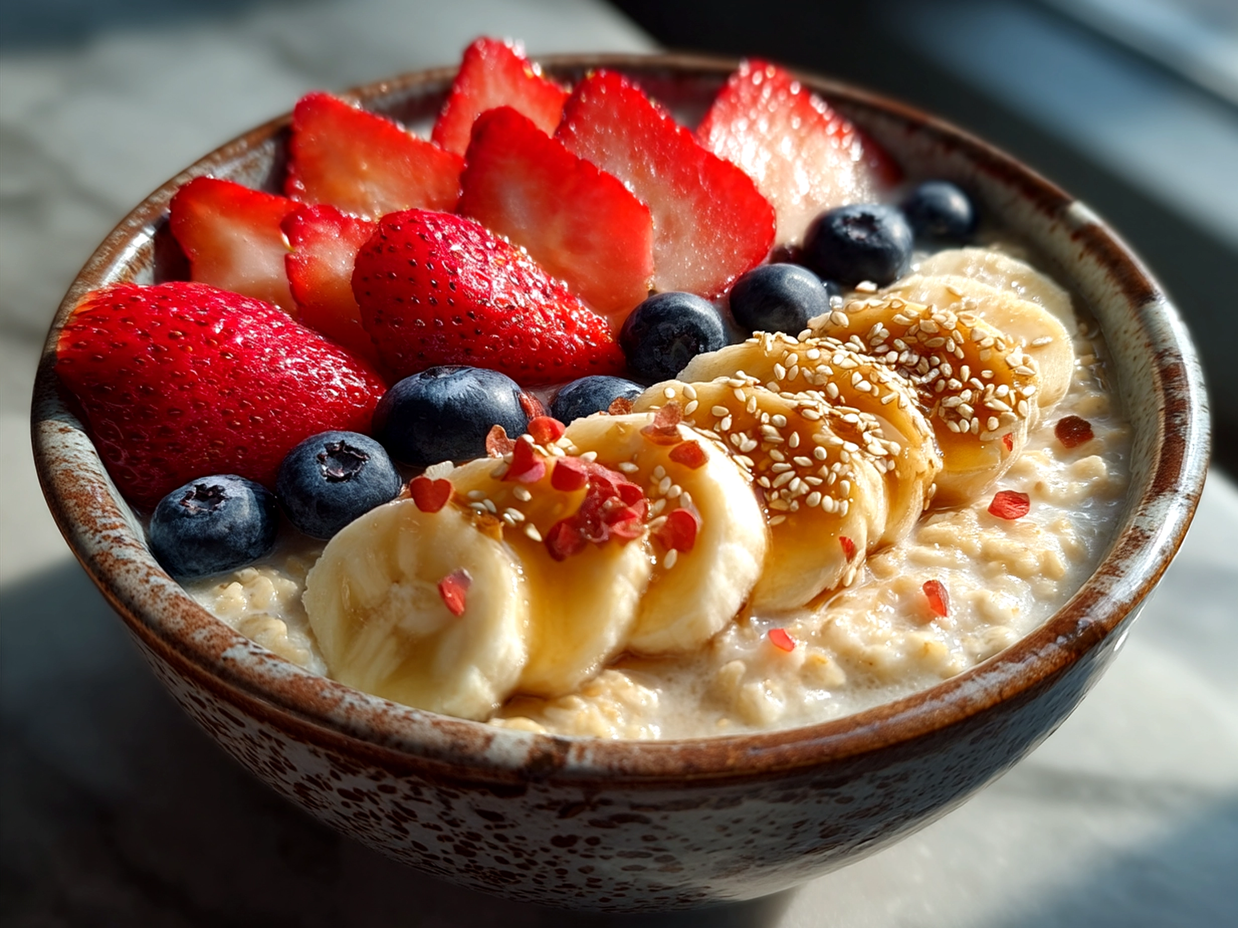 Finished Valentines Oatmeal Bowl served in a white bowl with fresh berries and nuts on top