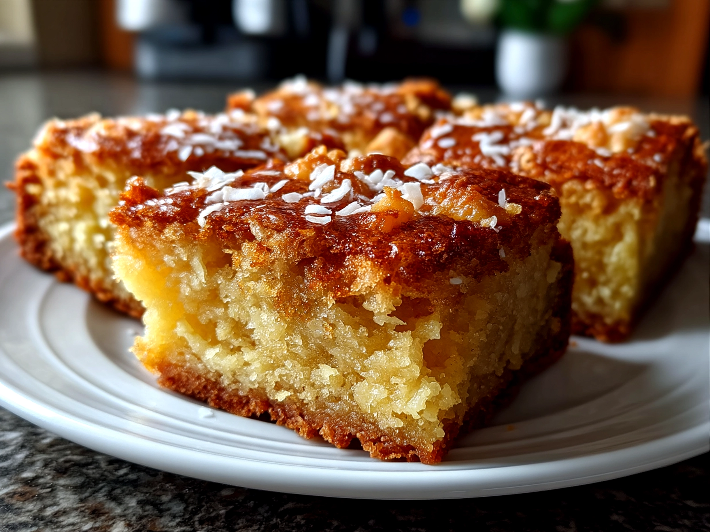 Stack of White Chocolate Coconut Blondies served on a plate with coconut flakes on top
