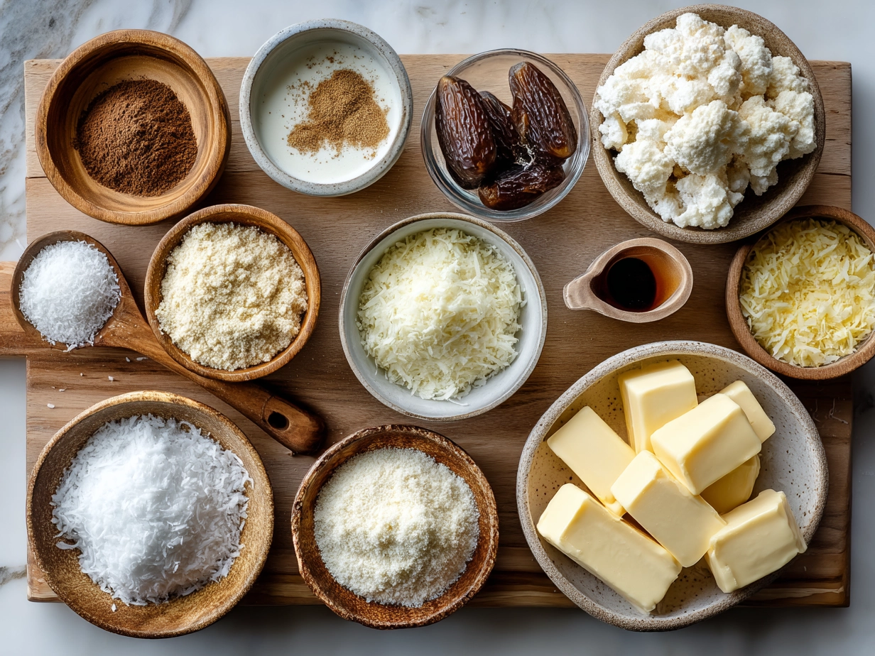Ingredients displayed for White Chocolate Coconut Blondies including butter, brown sugar, eggs, white chocolate chips, and coconut flakes