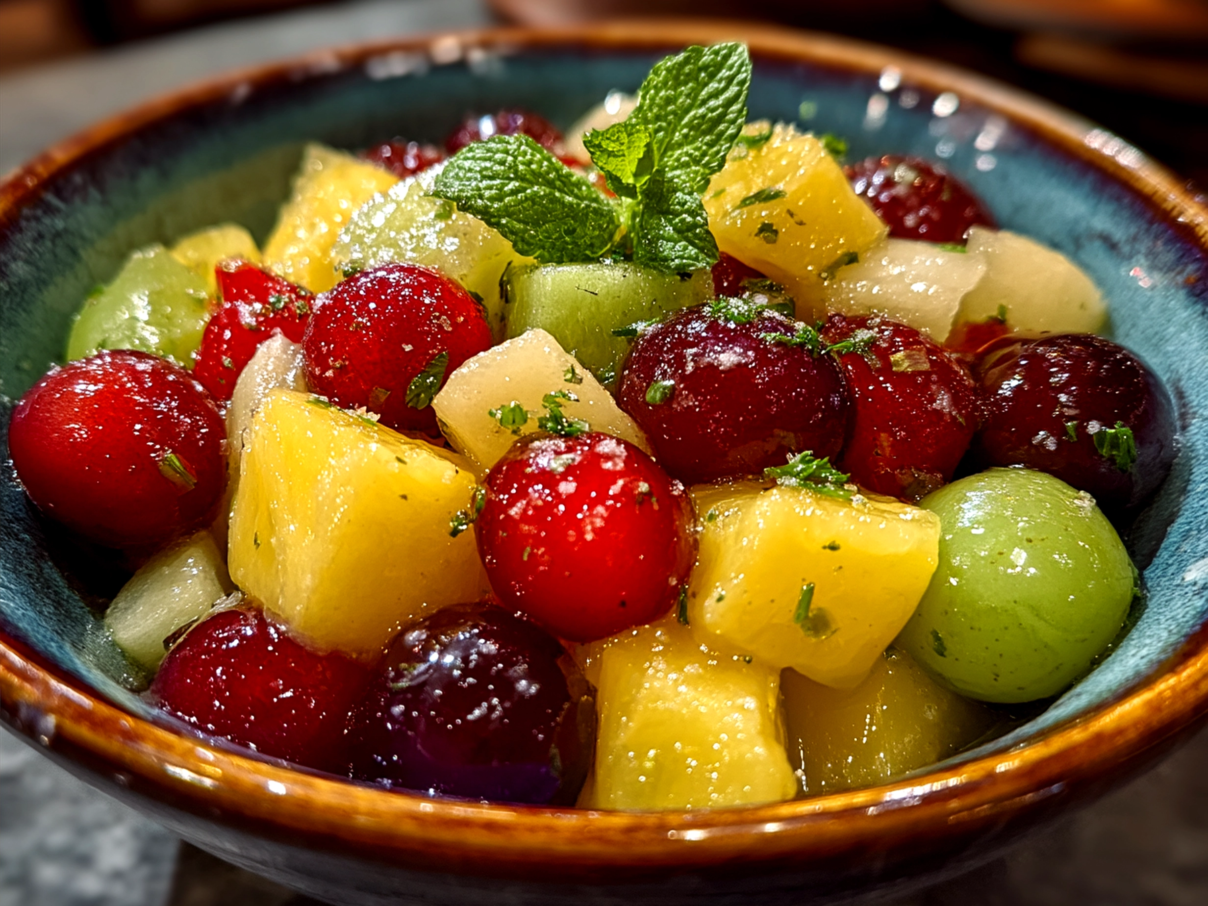 Winter fruit salad served in a glass bowl