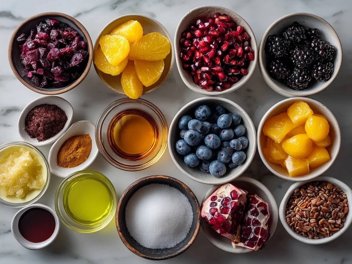 Ingredients for winter fruit salad laid out on a kitchen counter
